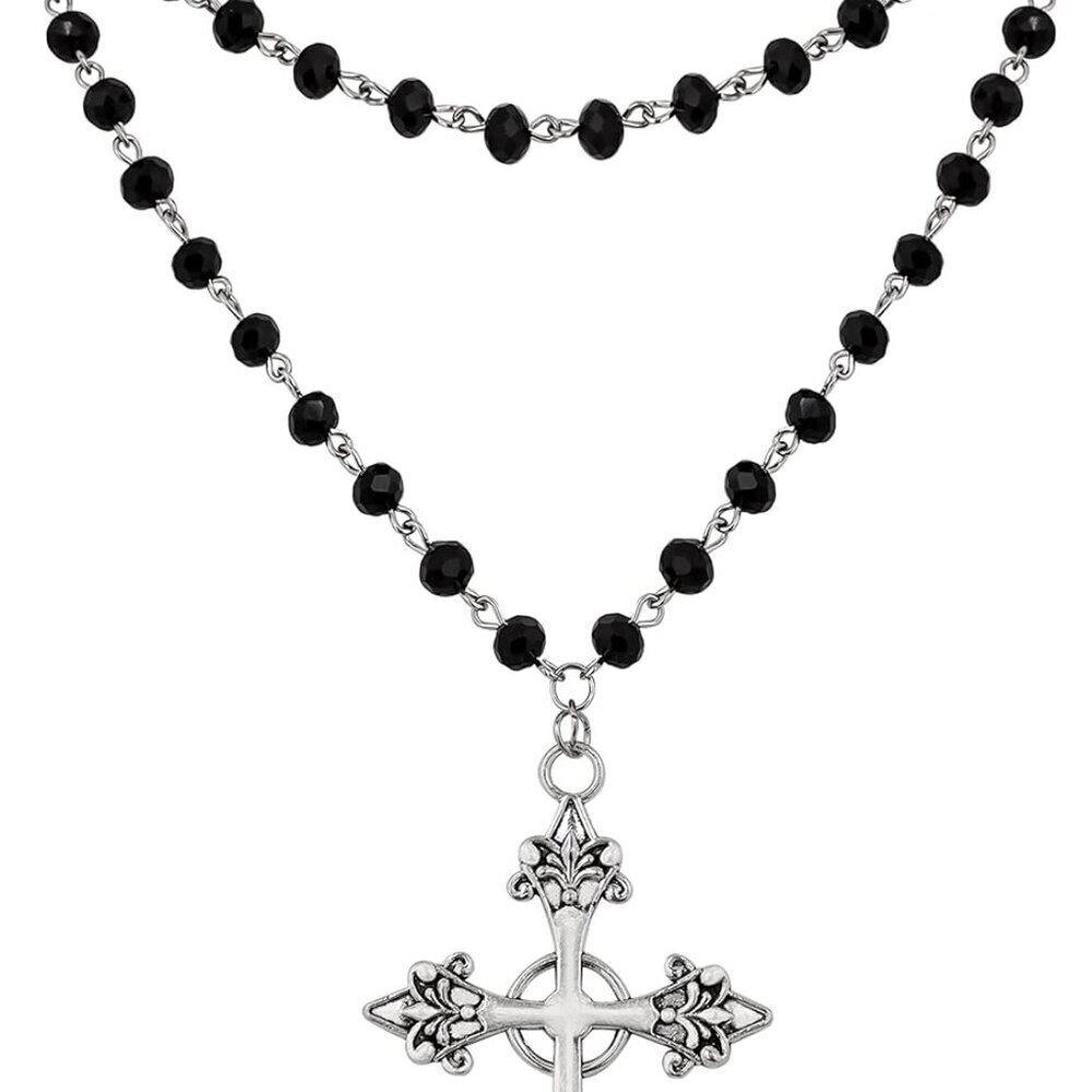 Goth Layered Cross Necklace Gothic Emo Grunge Black Bead Choker Jewelry